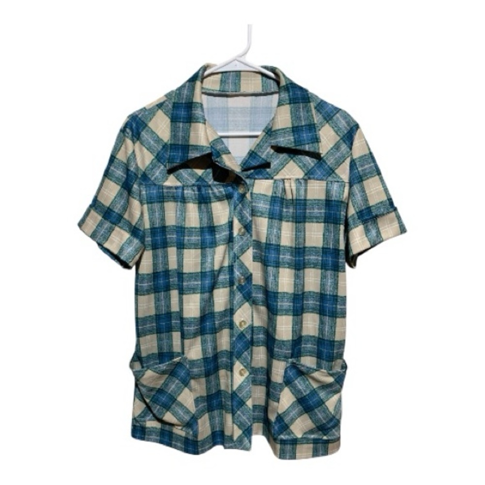 Vintage Plaid Short Sleeve Button-Up Two Pocket Rayon Shirt
